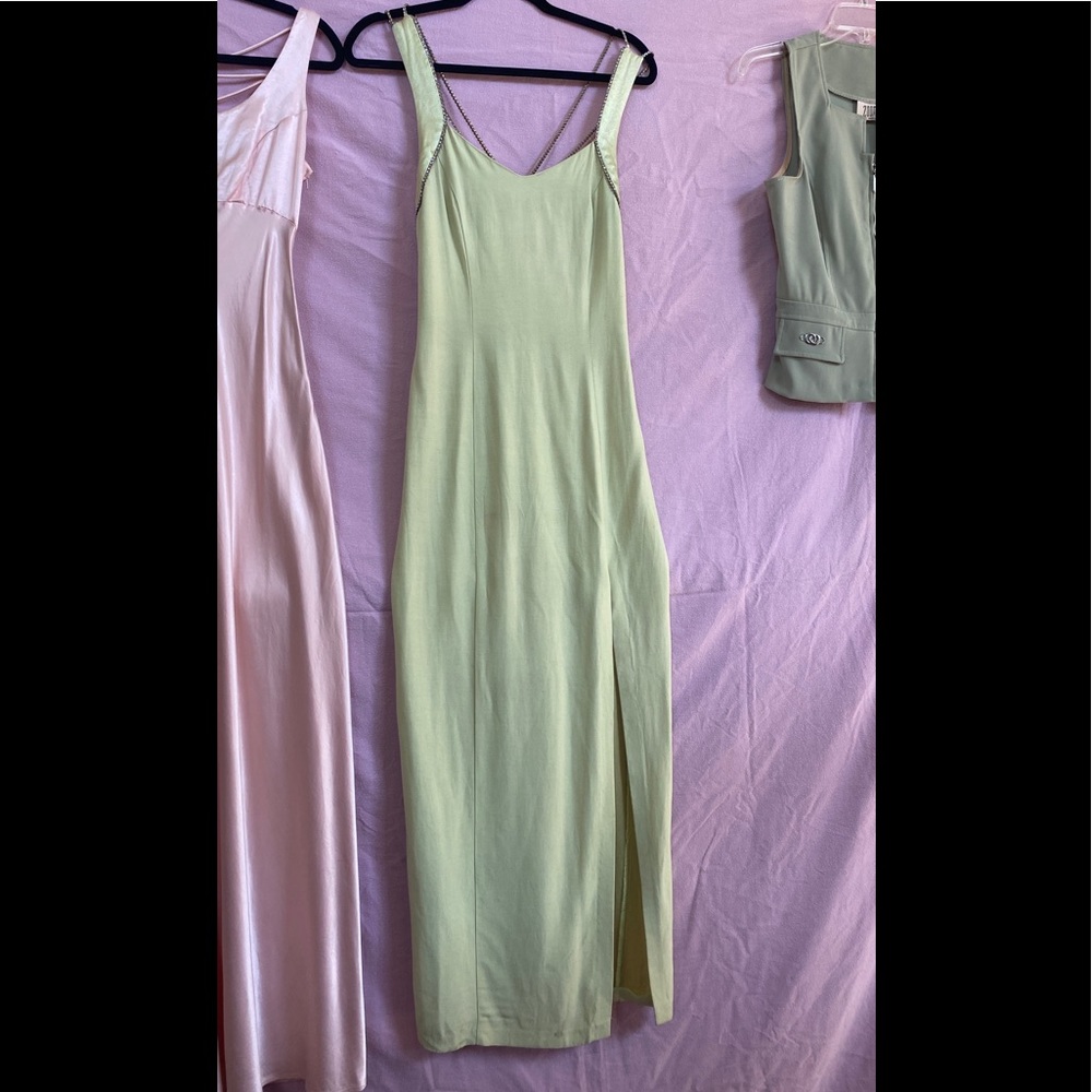 Niki gown vintage green rhinestone straps front and back size 10
